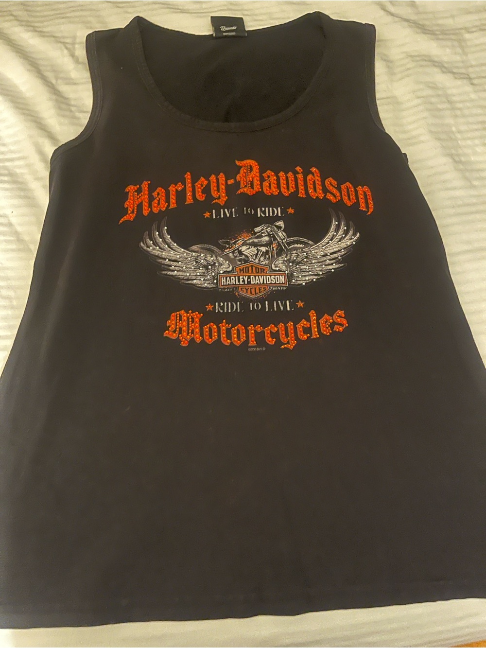Harley-Davidson Black Tank Top with Orange and Silver Winged Motorcycle Graphic